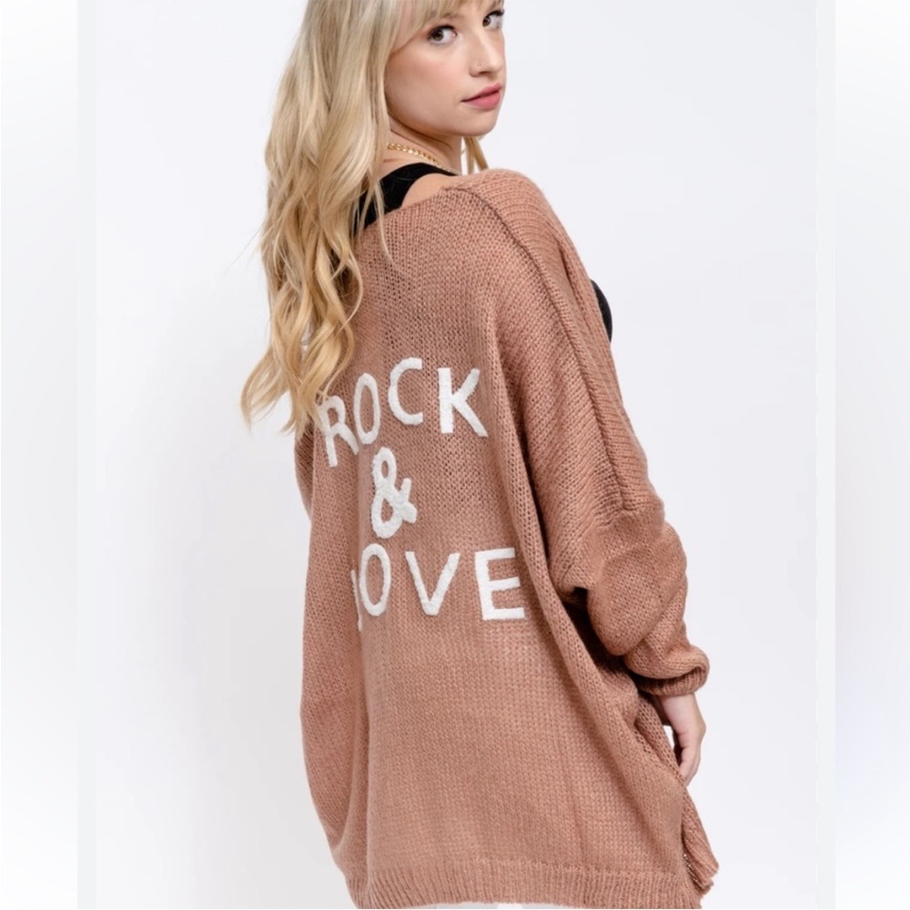 Elan Rock & Love Women's Cardigan - blush mauve with White Text